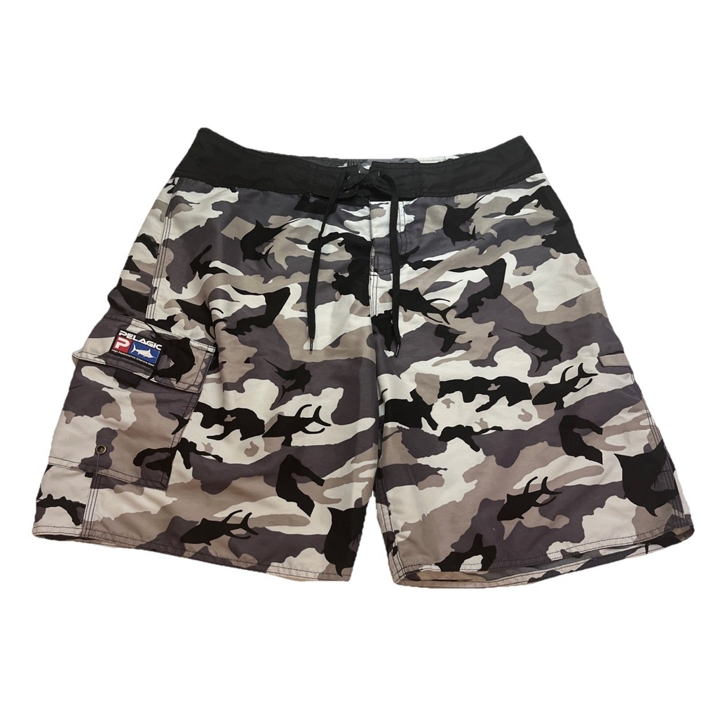 Pelagic Men's Shorts 34 Black Brown Camouflage Board Shorts Drawstring Fish Camo